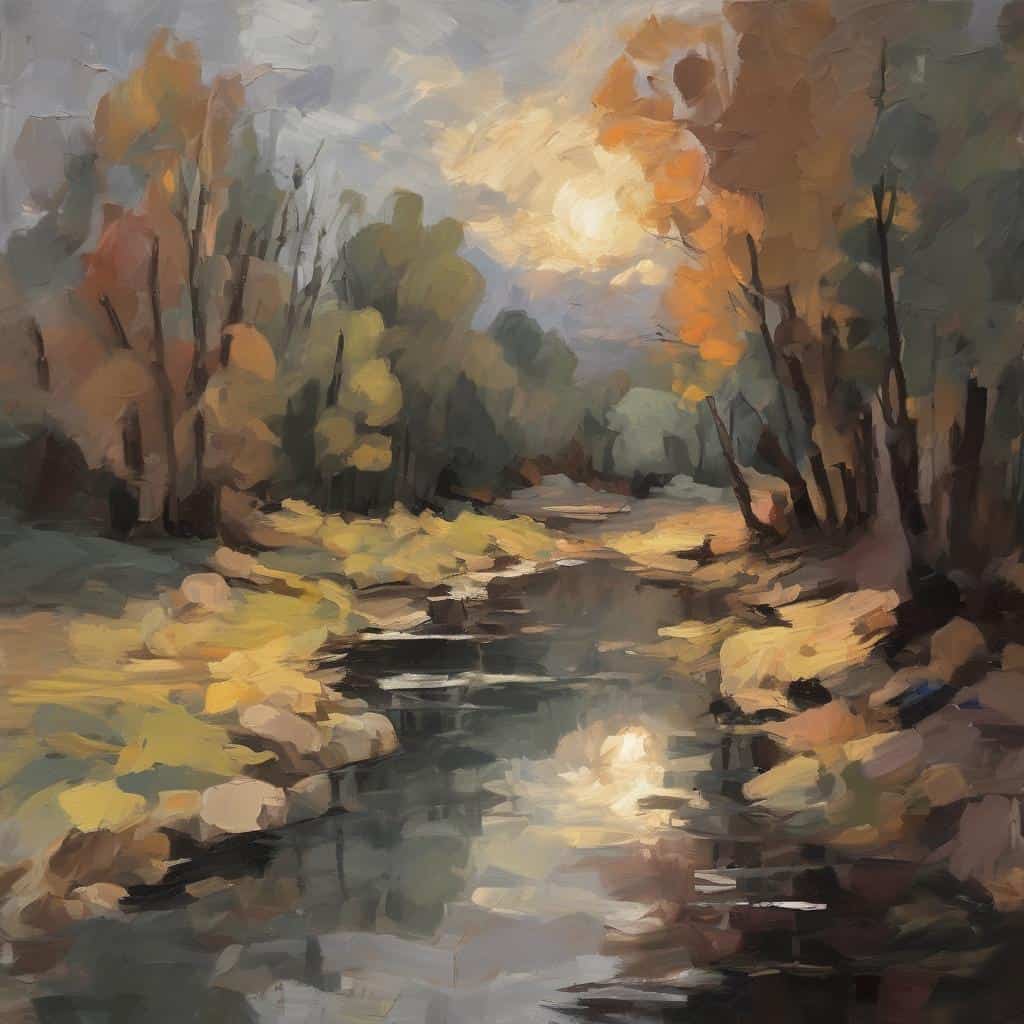 Ουρανό με σύννεφα πάνω από ποτάμι, σε ρεαλιστικό λινό ζωγραφικό στιλ, σε καλοκαιρινή φύση.