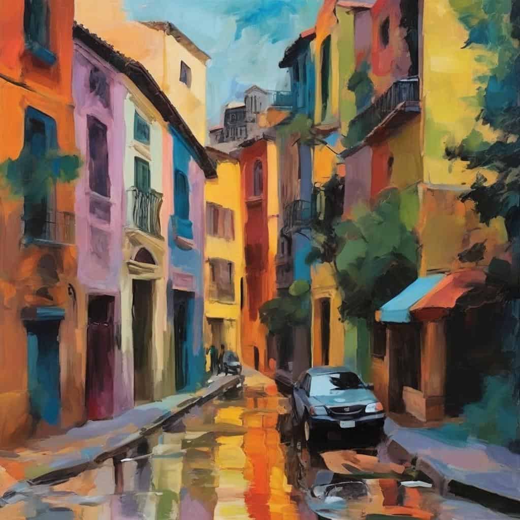 Ζωγραφική αναπαράσταση πολύχρωμων δρόμων με παλιά κτίρια, ομπρέλες και αυτοκίνητα, εμπνευσμένη από καλλιτεχνικές αντιφάσεις και εξέλιξη.